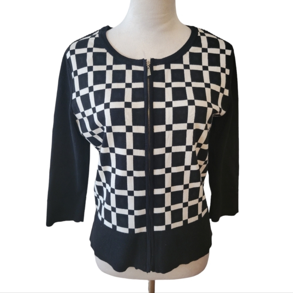 WHBM‎ Black & White Graphic Zipper Front Cardigan Sweater Size Large